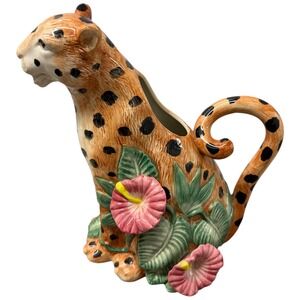 FF Vintage 1992 Leopard Ceramic Pitcher Tropical Hibiscus 1QT Decorative Teapot